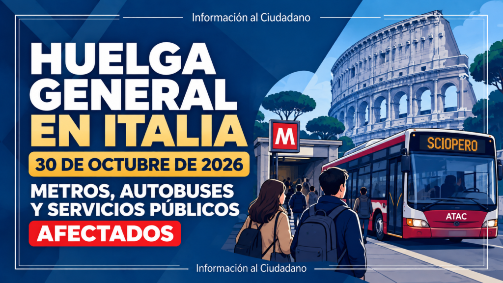 Huelga general convocada para el 30 de octubre de 2026 en Italia, con posibles interrupciones de metro, autobuses y servicios públicos en Roma.