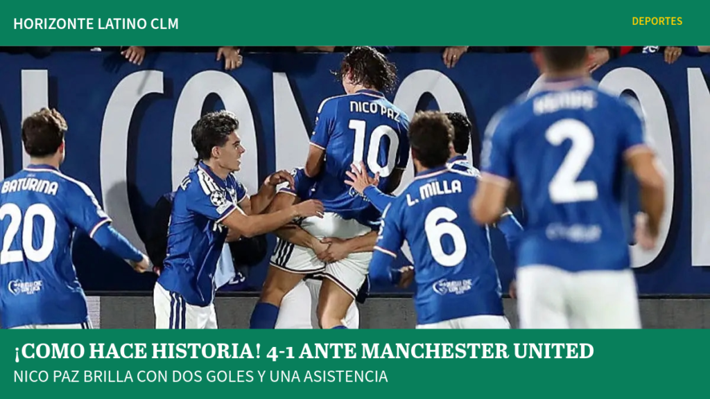 Nico Paz, figura del Como en la victoria 4-1 ante Manchester United en la Champions League del 21 de octubre de 2026.